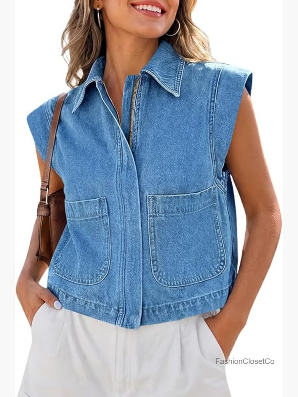 Womens Zip Up Denim Vest Top Summer Cap Sleeve Cropped Jean Jacket Vest Casual